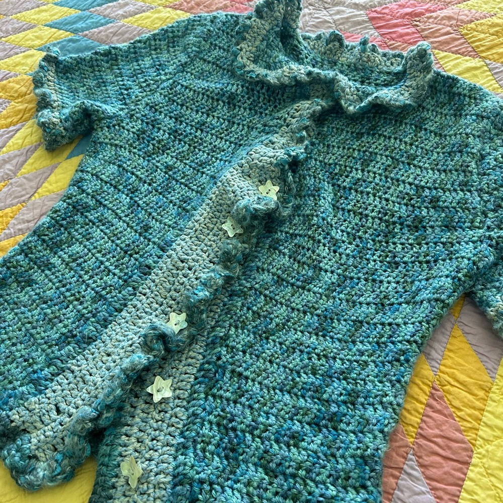 SALE❣️Green & Blue Crochet & Hand Knit Women's Cardigan. Fits many sizes. - Picture 6 of 9
